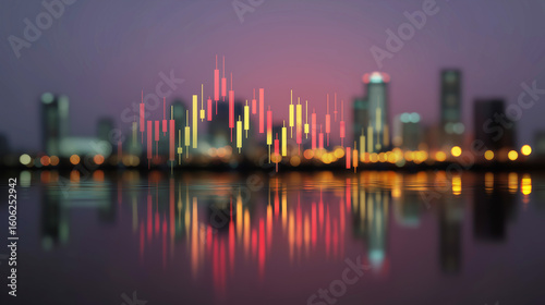 vibrant candlestick chart overlays a blurred cityscape at dusk, reflecting on water. This image symbolizes the interplay of financial markets with urban development and global economics