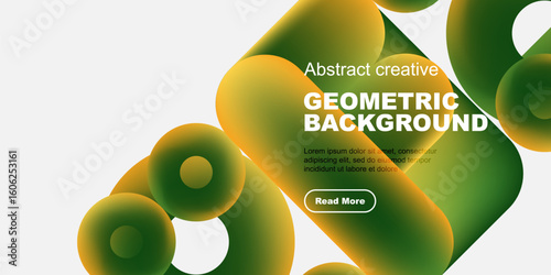 Abstract design features vibrant overlapping shapes. Yellow, green hues create dynamic composition. Text promotes further exploration.