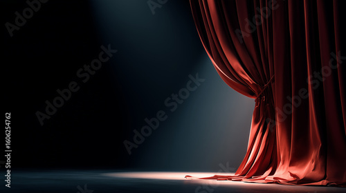 a red velvet theater curtain slightly parted, revealing a glimpse of an empty stage with a single spotlight