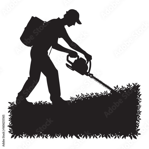 Man Trimming Hedges Silhouette Vector Garden Maintenance Image