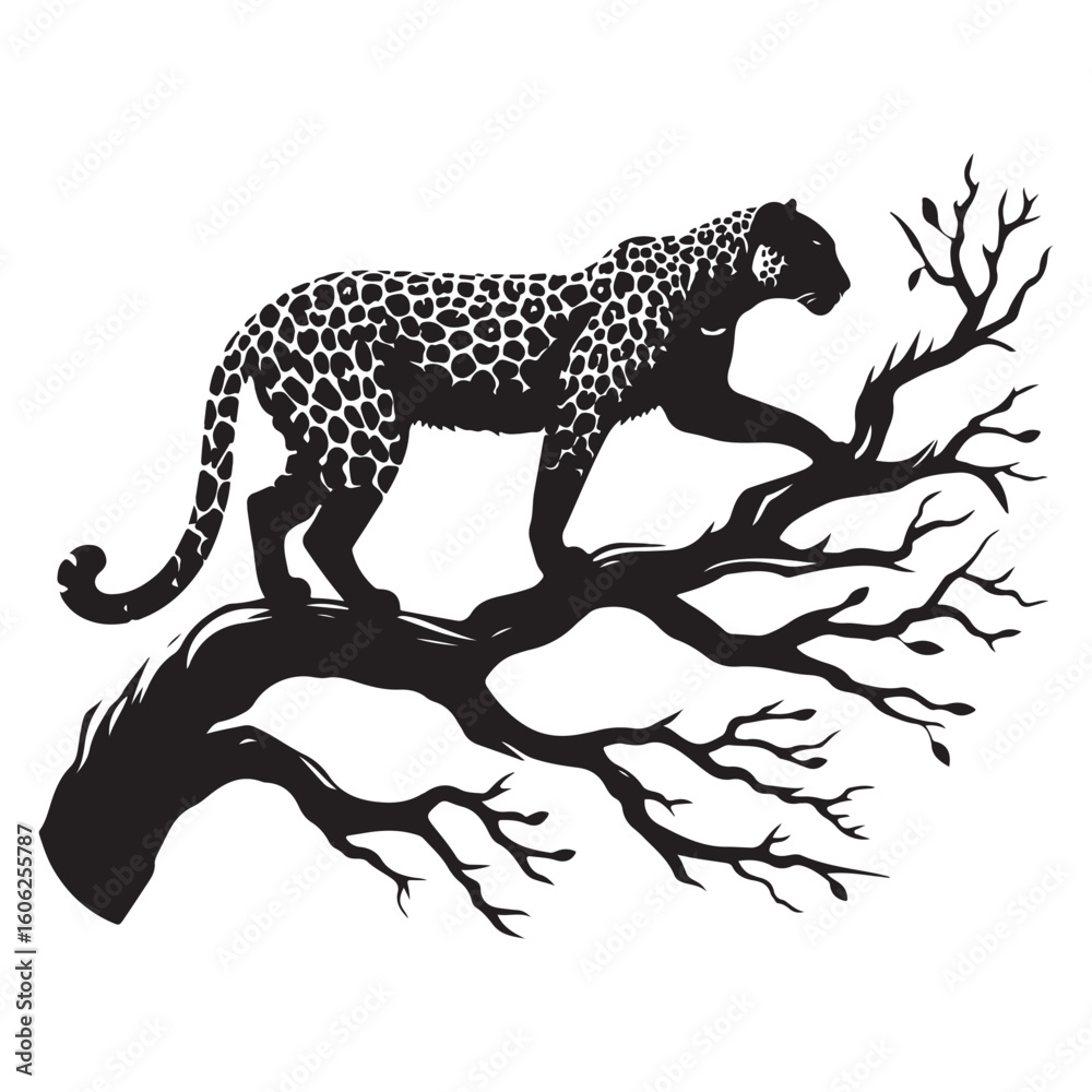 Obraz premium Dramatic Leopard Silhouette in a Tree, Detailed Black and White Design