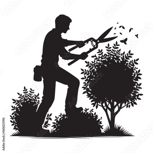 Silhouette Landscaper Trimming Hedges and Bushes in Garden Vector