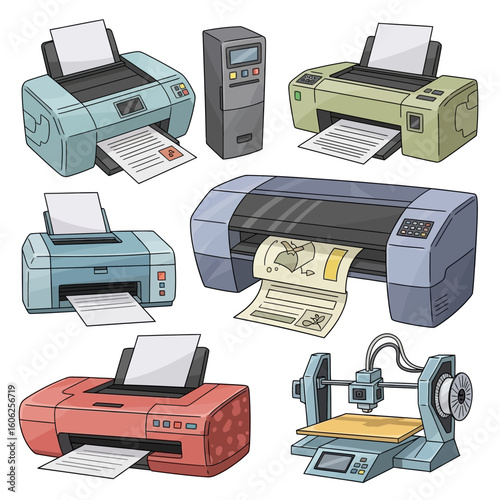 Cartoon Set of Office and 3D Printers Icons