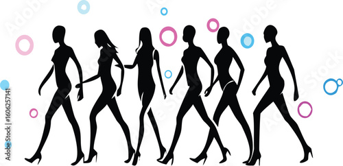 Fashionable figures walking with decorative circles women silhouettes