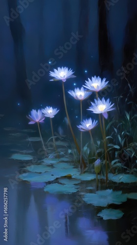 Silver Fox Drinking by Glowing Blue Water Lilies at Mystical Forest Pond