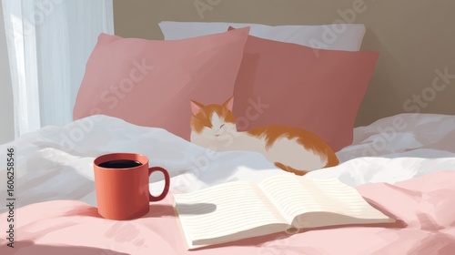 Sleeping Ginger Cat Nestled on Pink Pillows Beside Open Journal and Mug in Cozy Bedroom