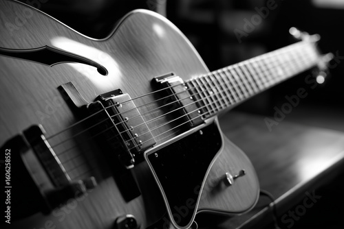 Close up of hollow body guitar