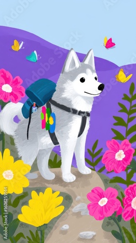 Smiling Husky Dog Wearing Blue Backpack Ready for Hiking Adventure on Colorful Trail
