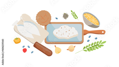 Illustration of cooking preparation ingredients food meal recipe culinary art kitchen concept still life design