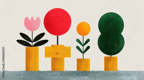 Stylized Botanical Park Sign Featuring Tulip and Circle Trees on Cylindrical Bases
