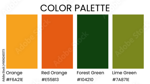 A vibrant color palette featuring bold orange and red-orange, complemented by deep forest green and lively lime green, with corresponding hex codes for modern design.