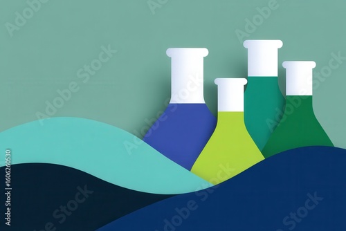 Stylized Glass Beakers with Colorful Liquids Overlapping Teal and Navy Paper Waves in Minimalist Professional Design