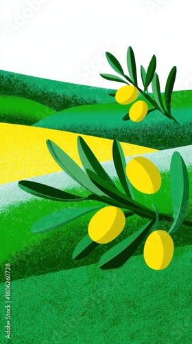 Stylized Olive Grove with Bright Yellow Olives on Rolling Hills for Fresh Nature Design