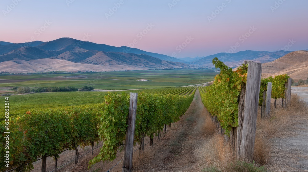 Naklejka premium Tranquil Vineyard Rows Leading to Renovated Winery at Dusk in Rolling Hills