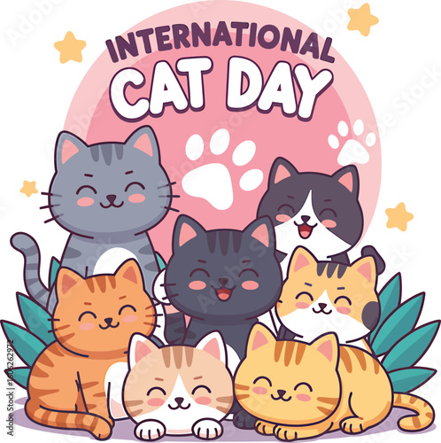 Charming group of diverse cartoon cats gathered below a prominent paw print for International Cat Day celebration