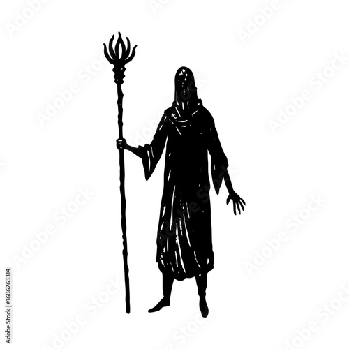 Mystic figure with staff wizard sorcerer silhouette vector art