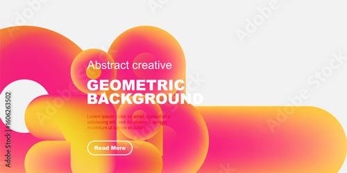 Abstract shapes overlap, creating vibrant geometric background. Text promotes further exploration via button. Modern design elements present.