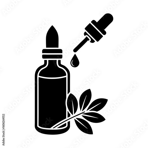 Aromatherapy essential oil bottle with dropper and plant leaf silhouette