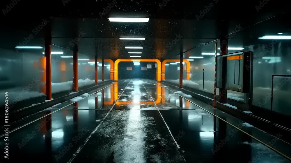 Futuristic rainy tunnel with neon lights and reflections creates a moody urban atmosphere