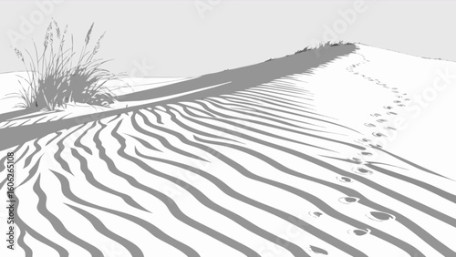Sand dune landscape illustration with footprints and grass for travel and nature related designs and backgrounds