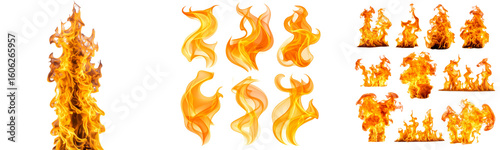 Set Scattered fire burst collection with small and large flame shapes, isolated on transparent background PNG
