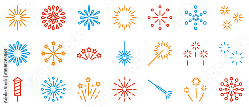 花火　アイコン　シンプル　線画　カラフル　ベクター　セット