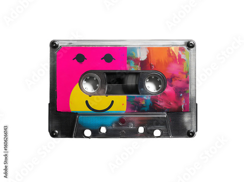 Retro cassette tape with smiley face and abstract art design, Isolated On White, Transparent Background, Png
