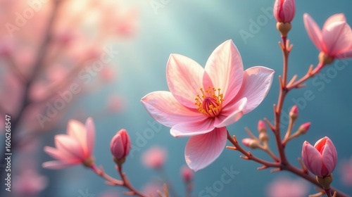 Delicate Pink Blossom in Soft Light, Gentle Breeze, Springtime Bloom, Nature's Beauty