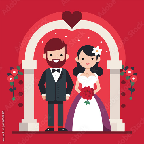 Flat style wedding couple with floral arch and heart bride groom