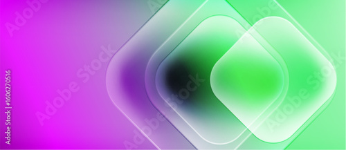 Abstract gradients blend purple, green hues. Overlapping squares create blurred, luminous effect. Soft light radiates from center.