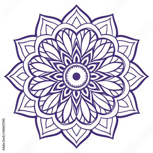 Intricate purple mandala design with detailed floral patterns symmetrical