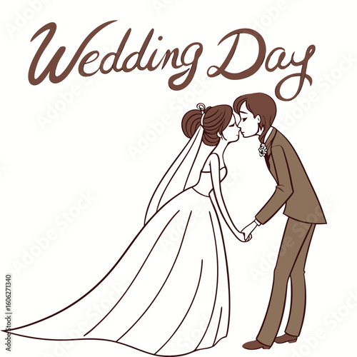 Minimalist line drawing of bride and groom kissing on wedding day couple
