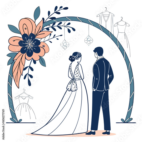 Stylized bride and groom under floral arch wedding flowers