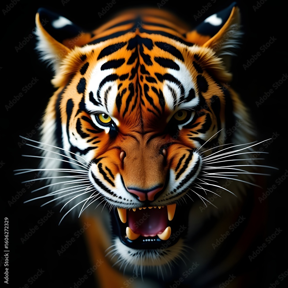 Fototapeta premium Fierce bengal tiger roaring with intense green eyes against a dark background