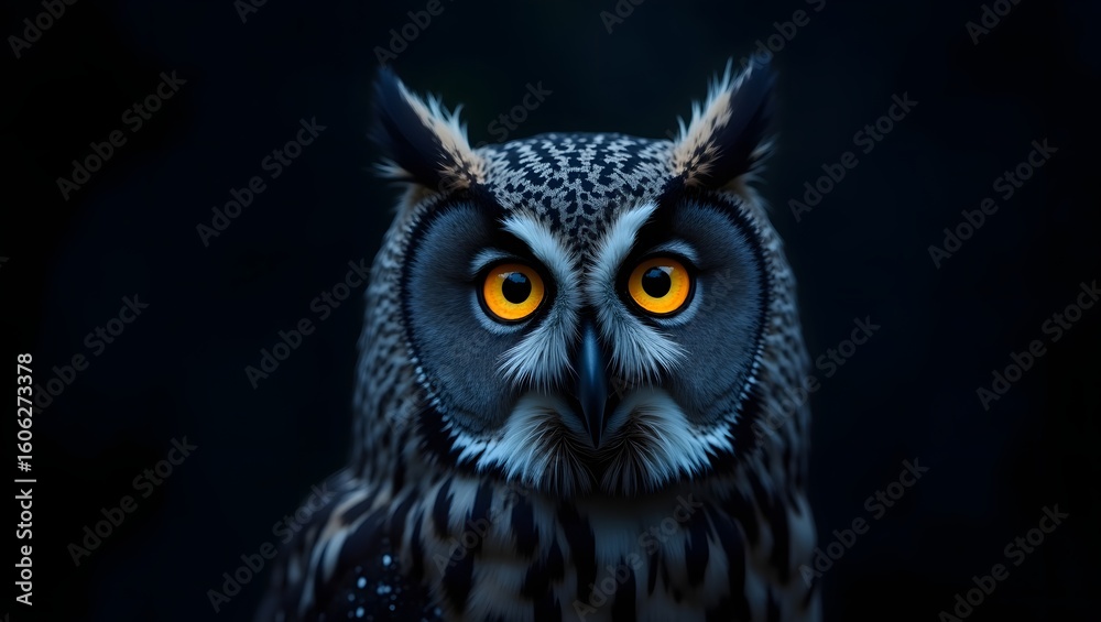Fototapeta premium Close up portrait of a great horned owl with piercing yellow eyes against a dark background