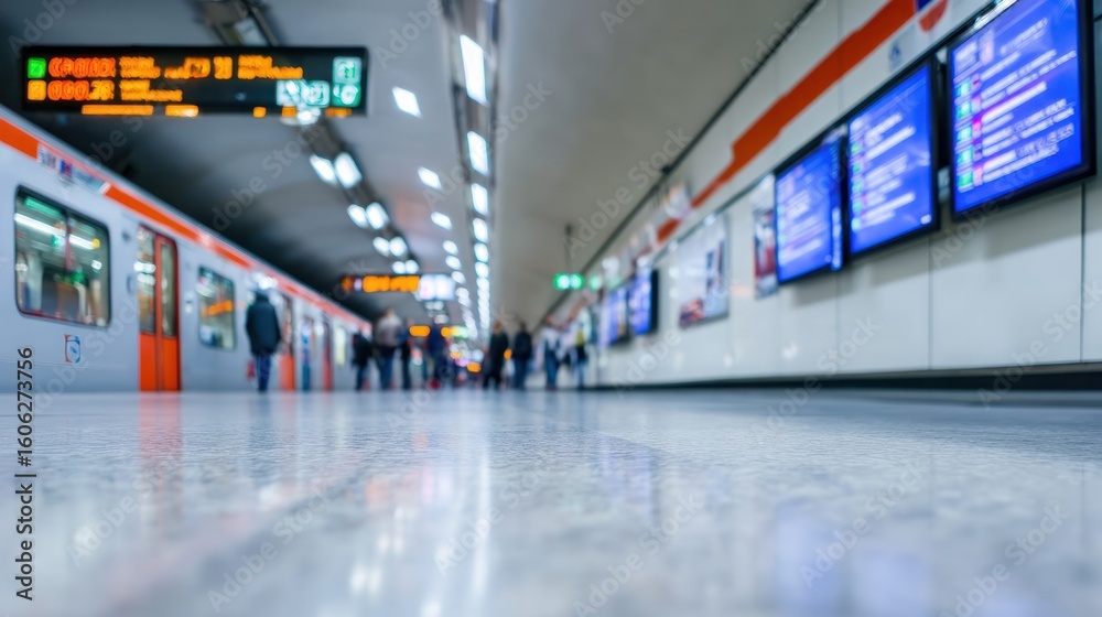 Obraz premium Subway Station with Train: A bustling subway station captures the pulse of urban life, a modern train pulls into the station, with people and screens in a dynamic setting of public transportation.