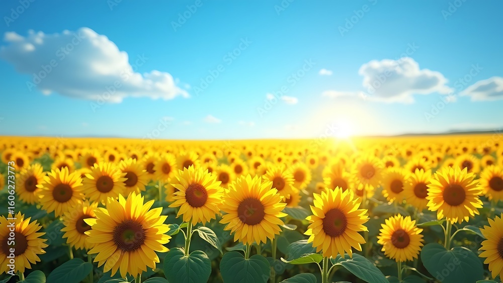 Fototapeta premium Bright yellow sunflowers blossom across a vast green field under a clear blue summer sky, showcasing the beautiful growth of nature's floral agriculture