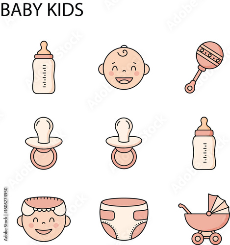 Whimsical Baby Icons: A collection of charming baby-related icons, perfect for design projects related to infancy and childcare. Featuring a delightful array of items.