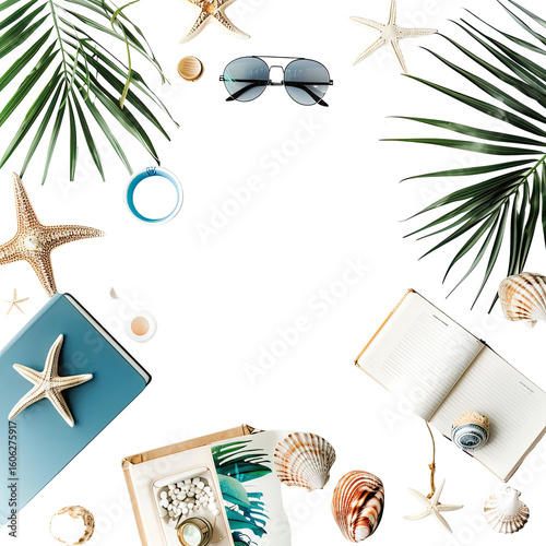 Summer vacation items scattered around