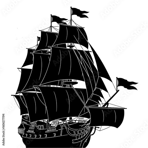 Silhouette of a Tall Ship with Multiple Sails and Flags Waving in the Wind