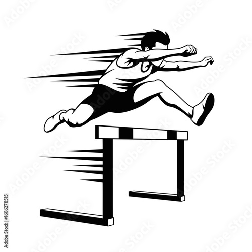 Hurdler in midair arms outstretched stylized motion lines monochrome athletic competition