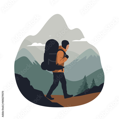 A minimalist illustration of a hiker with a large backpack trekking through a mountain landscape.