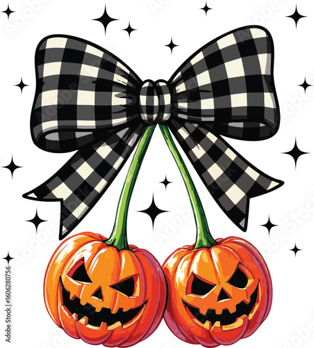Checkered bow with Jack-o’-Lanterns vector for Illustrator use in fall t-shirt design, seasonal customization, great for spooky Halloween lovers and trendy pumpkin fans.