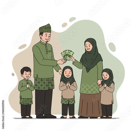 A happy Muslim family in matching green attire celebrates Eid, with the father giving money to the mother.