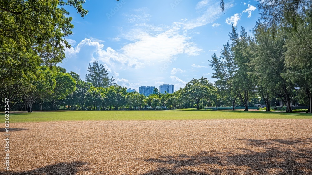 Fototapeta premium Serene park landscape with lush greenery and distant city building view