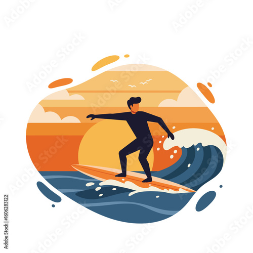 A surfer in a black wetsuit skillfully rides an ocean wave during a vibrant sunset.