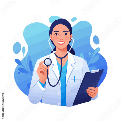 An illustration of a friendly female physician in a lab coat holding a stethoscope and a patient chart.
