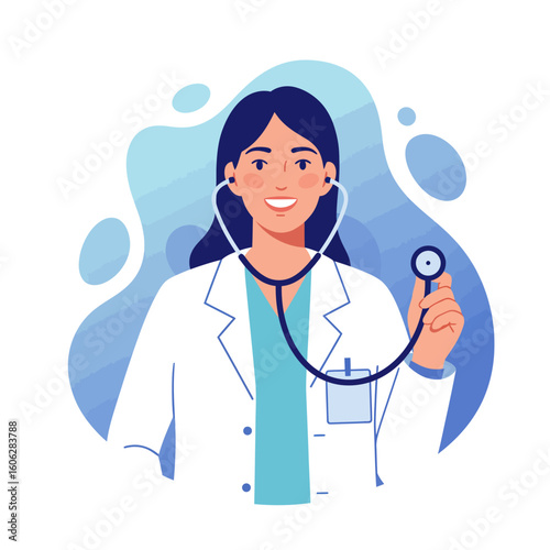 A friendly female doctor in a white lab coat smiles while holding a stethoscope for an examination.