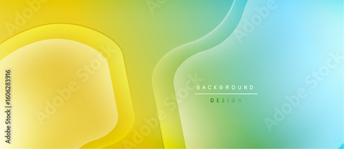 Abstract fluid shapes blend yellow, green, blue hues. Gradient colors create modern background design, smooth transitions visible.