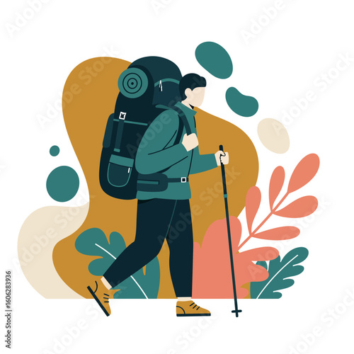 A flat vector illustration of a hiker with a large backpack and trekking pole walking.
